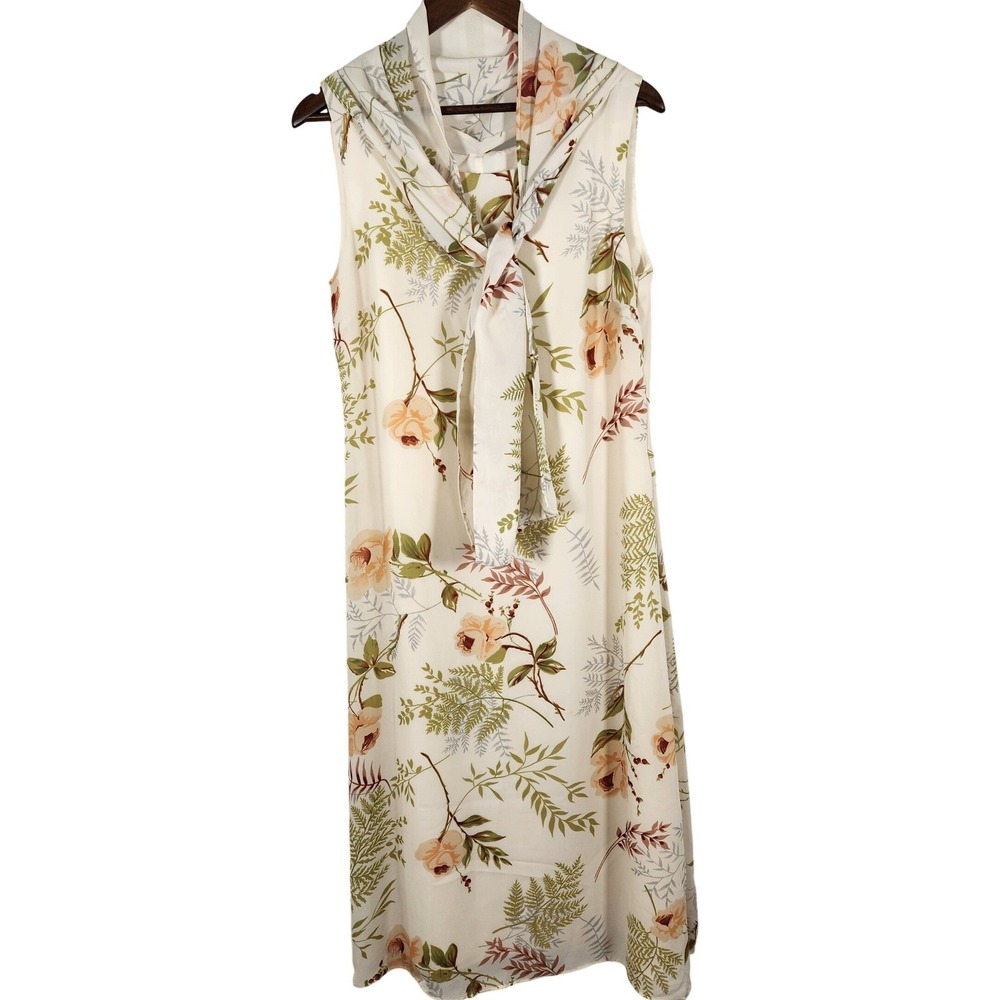 VTG 90s Kathie Lee Cream Floral Sheer Sleeveless Midi Dress Scarf Size 10